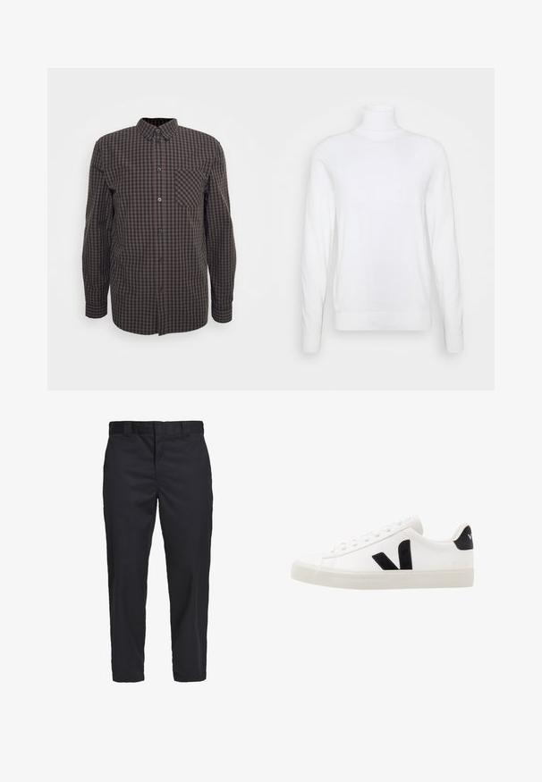 Pull à col roulé blanc avec des manches longues, fabriqué en tissu lisse. Présente un design ajusté et des poignets et un ourlet côtelés. Pas de motifs ni d'accents.; Chemise à manches longues à carreaux bruns et noirs avec un bouton à l'avant, un col pointu et une poche sur la poitrine gauche. Tissu en coton avec une texture lisse.; Chinos noirs en coton léger, avec une coupe droite, des poches latérales et une fermeture à bouton à la taille.; Sneaker blanche en cuir avec des accents en daim noir ; dispose d'une semelle en caoutchouc, d'un bout rond et d'un design classique à lacets. Logo latéral en noir.