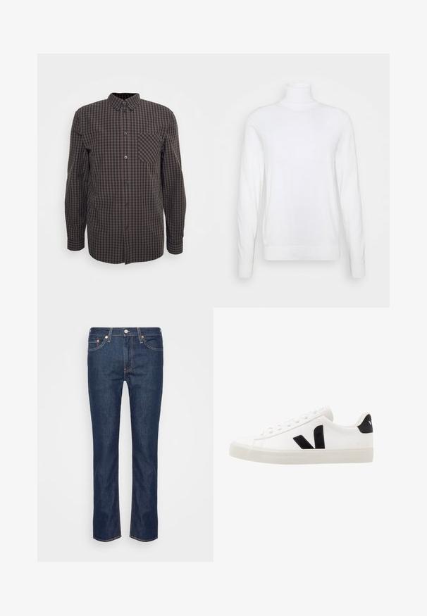Pull à col roulé blanc avec des manches longues, fabriqué en tissu lisse. Présente un design ajusté et des poignets et un ourlet côtelés. Pas de motifs ni d'accents.; Chemise à manches longues à carreaux bruns et noirs avec un bouton à l'avant, un col pointu et une poche sur la poitrine gauche. Tissu en coton avec une texture lisse.; Jean en denim droit bleu foncé avec des coutures orange, cinq poches, et une fermeture à bouton et à zip à l'avant.; Sneaker blanche en cuir avec des accents en daim noir ; dispose d'une semelle en caoutchouc, d'un bout rond et d'un design classique à lacets. Logo latéral en noir.