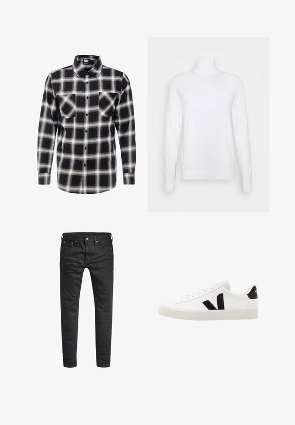 Hvid turtleneck sweater med lange ærmer, lavet af glat stof. Har et tætsiddende design og ribbede manchetter og kant. Ingen mønstre eller accenter.; Langærmet ternet skjorte i sort, hvid og brun. Har en krave med knaplukning og to brystlommer med knaplukning.; Sorte slim-fit jeans med forlommer, bæltestropper og en knappelukning, præsenteret mod en hvid baggrund.; Hvide lædersneakers med sorte ruskindsdetaljer; har en gummisål, rund tå og klassisk snørebåndsdesign. Side logo i sort.