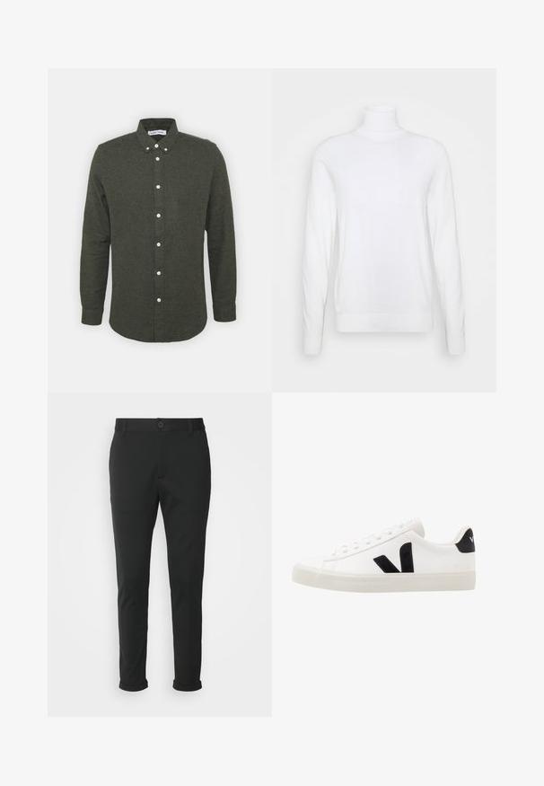 Pull à col roulé blanc avec des manches longues, fabriqué en tissu lisse. Présente un design ajusté et des poignets et un ourlet côtelés. Pas de motifs ni d'accents.; Chemise boutonnée vert foncé avec un col, des manches longues et des boutons blancs. Tissu doux et texturé avec un ourlet légèrement arrondi.; Pantalons noirs en tissu lisse avec une coupe droite. Présentent une fermeture à bouton unique et des ourlets roulés.; Sneaker blanche en cuir avec des accents en daim noir ; dispose d'une semelle en caoutchouc, d'un bout rond et d'un design classique à lacets. Logo latéral en noir.