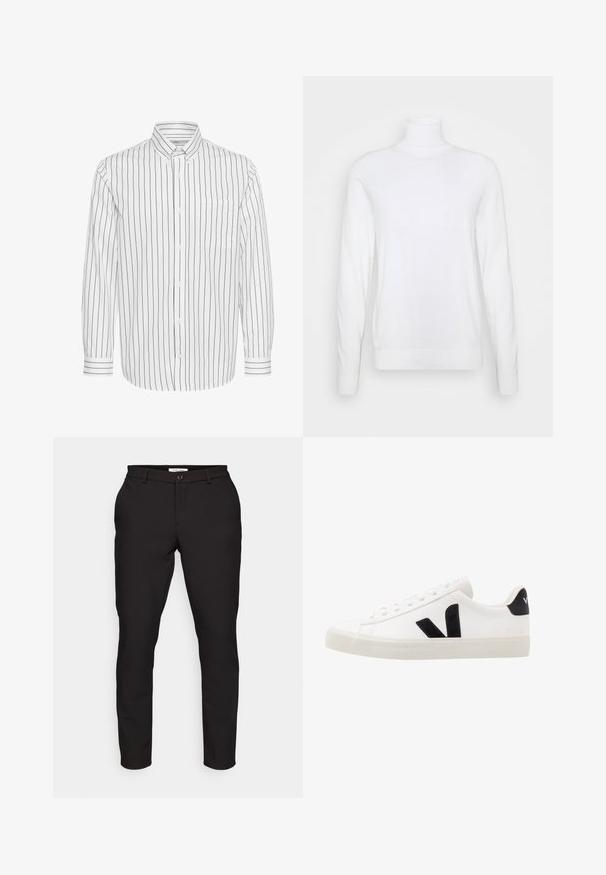 Witte coltrui met lange mouwen, gemaakt van een zachte stof. Heeft een aansluitend ontwerp en geribde manchetten en zoom. Geen patronen of accenten.; Witte overhemd met lange mouwen, zwarte verticale strepen, knoopsluiting kraag, enkele borstzak en contrasterende gestreepte manchetten.; Zwarte op maat gemaakte broek met een smalle pasvorm. Voorzien van een ritssluiting, knopen, zijzakken en een gladde, lichte stof.; Witte leren sneaker met zwarte suède accenten; voorzien van een rubberen zool, ronde neus en een klassieke vetersluiting. Zijkant met logo in het zwart.