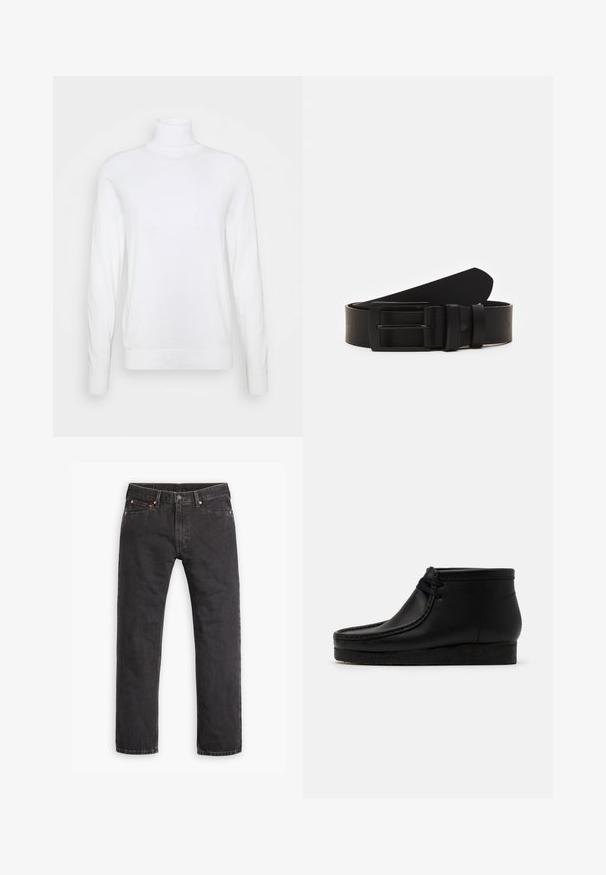 Hvid turtleneck sweater med lange ærmer, lavet af glat stof. Har et tætsiddende design og ribbede manchetter og kant. Ingen mønstre eller accenter.; Sorte straight-leg denim jeans med fem lommer, knaplukning og copper nitter liggende fladt på en hvid baggrund.; Sorte læder ankelstøvler med en rund tå, syninger og en blød gummisål. Har en snørelukning foran.; Sort læderbælte rullet med en mat sort rektangulær metalspænde og to bæltesløjfer på en hvid baggrund.