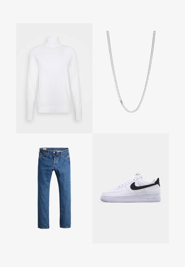 Hvid turtleneck sweater med lange ærmer, lavet af glat stof. Har et tætsiddende design og ribbede manchetter og kant. Ingen mønstre eller accenter.; Blå denim jeans med lige ben-design, der har en front knaplukning, bæltestropper og klassisk fem-lomme styling.; Hvide lædersneakers med en struktureret sort Swoosh, flade snørebånd og en gummisål med et rillemønster. "AIR" er præget på hælen.; Sølv kædedesign med sammenkoblede led, glat tekstur og ensartet rektangulær form. Sikker lukning.