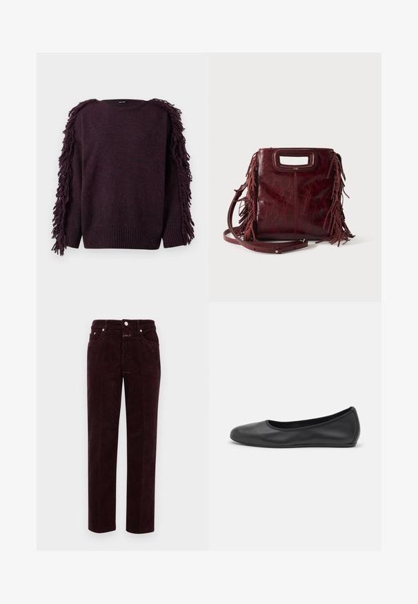 Pull en maille violet foncé avec des manches longues, muni de franges épaisses le long de chaque manche.; Pantalons en velours côtelé bordeaux à coupe droite, avec poches avant et quincaillerie en métal argenté. Le tissu présente une texture côtelée.; Ballerines en cuir noir avec un bout rond, texture lisse, détails de couture minimalistes et design de semelle flexible.; Sac à main carré en cuir bordeaux avec poignée découpée, détails de franges latérales et bandoulière réglable sur fond uni.