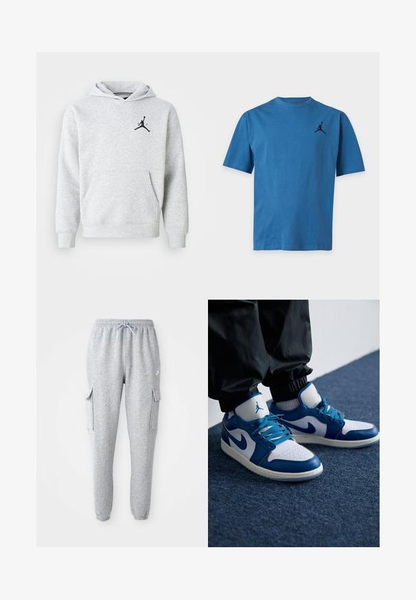 Lichtgrijze hoodie van zachte stof, met een voorzijde kangoeroezak en een zwart Jordan-logo op de borst. Regular fit met een capuchon.; Blauw T-shirt met korte mouwen en een ronde hals, met een klein zwart basketbalspeler-logo op de linkerborst bovenaan.; Grijze sweatpants van zachte stof, met een elastische tailleband met trekkoord, twee zijzakken en taps toelopende boorden.; Nike Air Jordan sneakers hebben een witte leren basis met blauwe synthetische accenten, een geperforeerde neusdoos en blauwe veters.