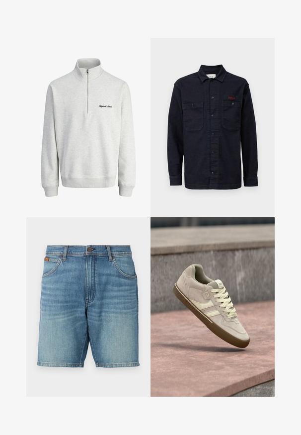 Lys grå sweatshirt med halv-zip krave og "Original Studio" broderet i sort på forsiden, vist mod en hvid baggrund.; Mørkeblå denimskjorte med lange ærmer, knaplukning foran, to brystlommer og et lille rødt "REPLAY" logo på den venstre lomme.; Lys blå vaskede denimshorts med et klassisk 5-lommers design, knaplukning og subtile falmninger. Ren kant og synlig tekstur.; Beige ruskindssneaker med lysegule accenter, der har en struktureret overflade, rundet tå og gummisål, vist i luften.