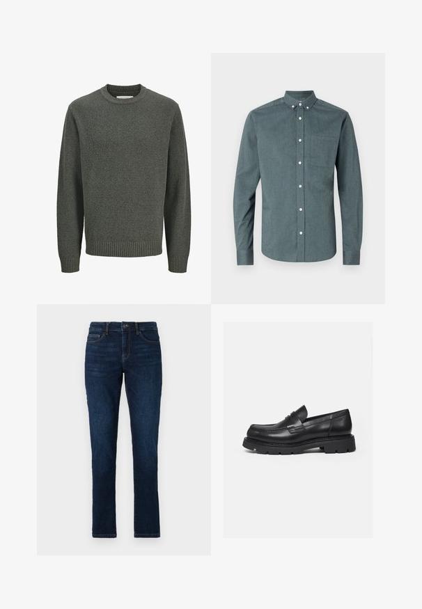 Langærmet crewneck sweater i tekstureret gråt strik med ribbede manchetter og kant, vist på en ensfarvet lys baggrund.; Knapp-up skjorte i mørk teal, lange ærmer, knap-ned krave, enkelt brystlomme, med hvide knapper og en tekstureret stof.; Mørkeblå denimjeans med slim fit, standard fem lomme-design og lukning med knap og lynlås. Glat tekstur med minimal falming.; Sort læderloafer med tyk rillede sål og penny-remdetalje, vist i højre sideprofil på hvid baggrund.