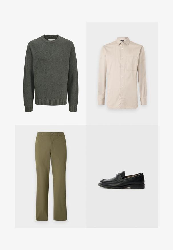 Pull à manches longues col rond en maille grise texturée avec poignets et ourlet côtelés, présenté sur un fond clair uni.; Chemise beige clair à manches longues, en tissu de coton lisse, avec un col, une poche avant et une fermeture à boutons sur le devant.; Pantalon kaki à jambes droites avec passants de ceinture, fermeture à bouton sur le devant, sans poches visibles, présenté sur un fond blanc.; Mocassins en cuir noir avec une finition lisse, dotés d'une bande supérieure texturée, d'un talon bas et de détails de couture minimalistes.