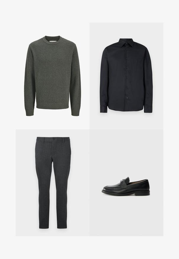 Pull à manches longues col rond en maille grise texturée avec poignets et ourlet côtelés, présenté sur un fond clair uni.; Chemise noire à manches longues avec une coupe ajustée, fermeture à boutons, col classique et texture lisse; dotée de sept boutons foncés.; Pantalon gris foncé avec un motif texturé, coupe slim, taille standard avec un bouton unique, et jambes droites, conçu pour un look moderne.; Mocassins en cuir noir avec une finition lisse, dotés d'une bande supérieure texturée, d'un talon bas et de détails de couture minimalistes.
