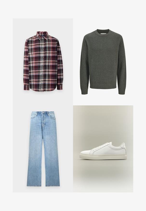 Langærmet crewneck sweater i tekstureret gråt strik med ribbede manchetter og kant, vist på en ensfarvet lys baggrund.; Skjorte med ternet mønster og krave. Den indeholder burgunder, grå og crème nuancer med et struktureret stof. Lange ærmer og detaljeret lomme foran.; Lyseblå denimjeans med lige ben, lukning med øverste knap, fem-lommer-design og frynset kant.; Hvid lavtop sneaker med snørebånd foran og tyk sål, vist fra siden mod en neutral baggrund.
