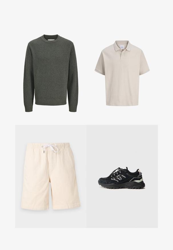 Pull à manches longues col rond en maille grise texturée avec poignets et ourlet côtelés, présenté sur un fond clair uni.; Polo beige à manches courtes avec de fines rayures verticales, un col classique et une patte à deux boutons.; Shorts en coton beige avec une coupe décontractée, une taille élastique et un cordon de serrage blanc. Comprend des poches latérales et une texture lisse.; Chaussure de sport noire en matériaux mixtes, y compris du daim et du mesh, avec des lacets élastiques, une semelle antidérapante en caoutchouc et des accents réfléchissants.