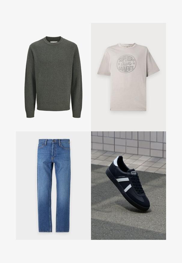 Langärmeliger Rundhalspullover aus strukturiertem grauem Strick mit gerippten Bündchen und Saum, dargestellt auf einem schlichten hellen Hintergrund.; Graues T-Shirt mit kurzen Ärmeln aus Baumwolle und rundem Halsausschnitt. Mit einem kreisförmigen Aufdruck, der "Superior Quality Garments" liest.; Blaue Jeans aus Denim mit geradem Schnitt, klassischem Fünf-Taschen-Design, kupferfarbener Naht und einem ausgewaschenen Finish für einen eingelaufenen Look.; Schwarze Leder-Sneaker mit weißen Streifen, strukturiertem Gummisohle und Schnürung. Verfügt über ein Markenetikett auf der Zunge.