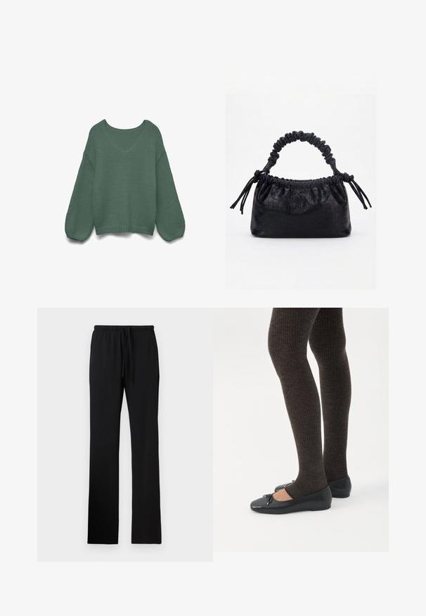 Suéter de punto verde oscuro de manga larga y corte holgado, con cuello en V y puños y dobladillo acanalados.; Pantalones con cintura elástica negra y cordón, con una textura suave y piernas rectas de longitud completa sin bolsillos.; Piernas con leggings oscuros acanalados combinados con bailarinas negras que presentan pequeños detalles de lazo sobre un fondo blanco.; Bolso negro con textura de cocodrilo, borde superior fruncido, asa recogida y cordones con borlas en cada lado sobre un fondo blanco.