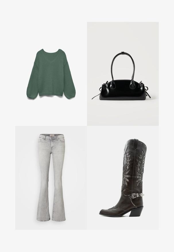 Pull tricoté vert foncé à manches longues et coupe ample, avec un col en V et des poignets et un ourlet côtelés.; Jeans en denim gris évasés avec une taille ajustée, un design à cinq poches et un léger délavage. Présentent une fermeture à bouton et un ourlet cousu.; Botte de cowboy en cuir noir avec découpes décoratives, boucle argentée et talon incliné, présentée sur fond blanc.; Petit sac à main noir brillant avec deux longues anses et des détails à cordon sur les côtés sur un fond clair uni.