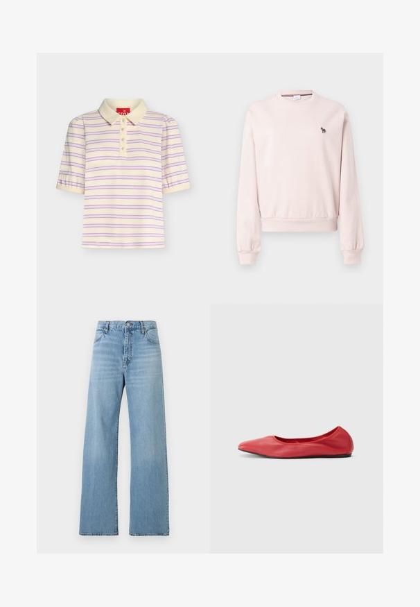 Sweatshirt rose à col rond en matériau doux, avec des poignets et un ourlet côtelés. Comprend une petite broderie de zèbre noir et blanc sur la poitrine.; Polo à manches courtes couleur crème avec des rayures horizontales roses et bleues, un col et quatre boutons sur le devant.; Jean bleu clair taille haute à jambes droites avec fermeture devant par bouton et zip, poches avant et arrière, et passants pour ceinture.; Filippa K REY FLATS - Ballerines - bright red