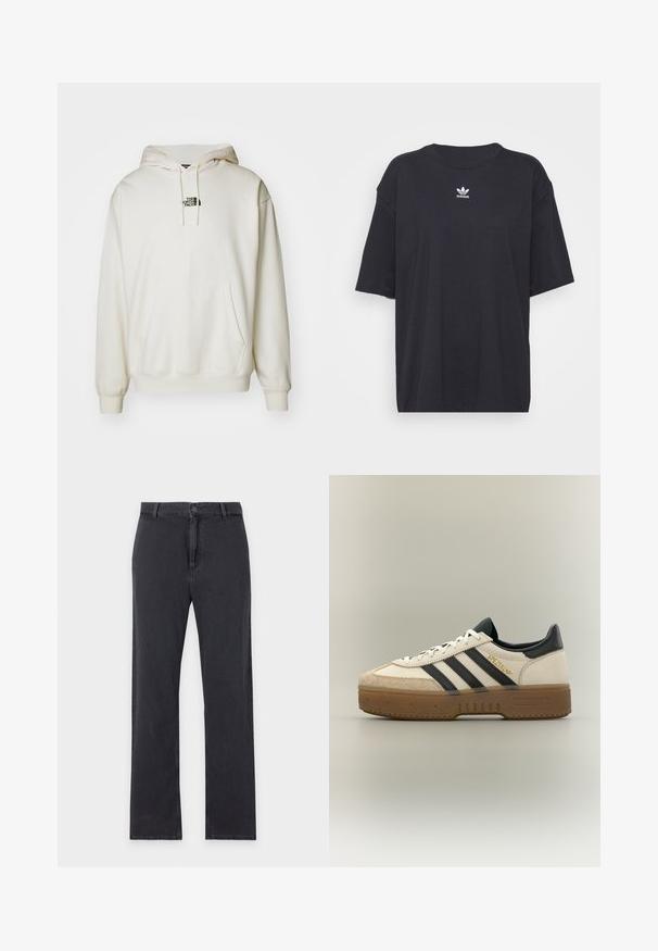 Creme hoodie med frontlomme, justerbar snor i huen og lille sort logo på brystet. Blødt stof og ribbede manchetter.; Sort bomulds t-shirt med korte ærmer, rund halsudskæring, med et hvidt Adidas-logo på brystet. Enkel design, afslappet pasform.; Straight-leg sorte jeans med forreste knap- og lynlåslukning, bæltestropper og klassisk fem-lommer design, lagt fladt på hvid baggrund.; Hvid Adidas sneaker med sorte striber, beige ruskindstå, brun sål og "SPEZIAL" i guldskrift på siden.