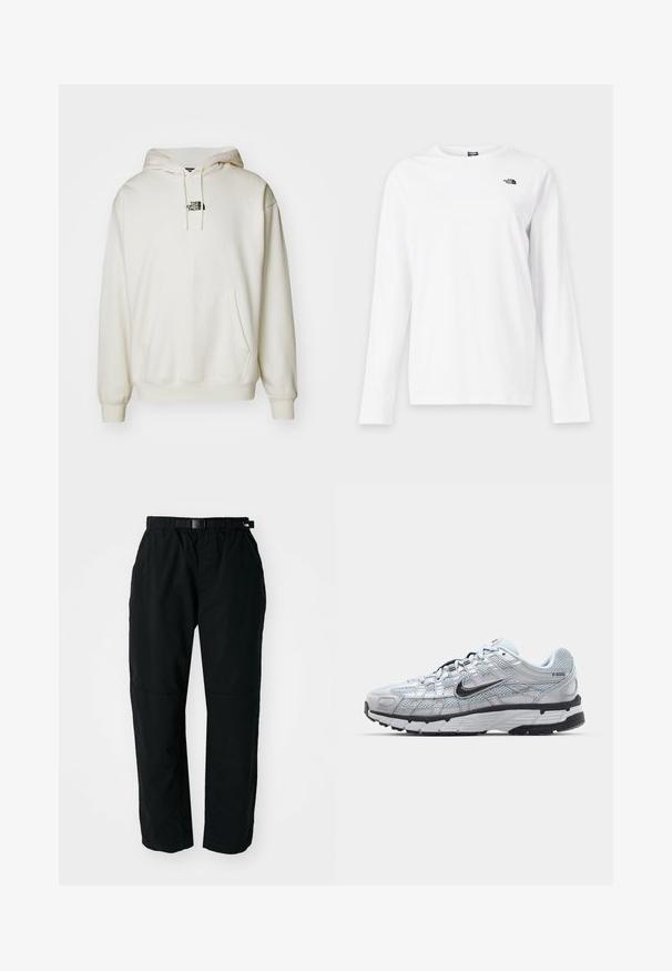 Creme hoodie med frontlomme, justerbar snor i huen og lille sort logo på brystet. Blødt stof og ribbede manchetter.; Hvid langærmet T-shirt med rund hals og lille sort The North Face-logo på venstre bryst.; Sorte letvægtsbukser med elastisk talje og justerbart bælte. Har tapered ben og forstærkede knæpaneler for holdbarhed.; Nike P-6000 sneakers med en lys grå mesh overdel, sorte accenter og en holdbar sort gummisål. Har et detaljeret design og snøresystem.