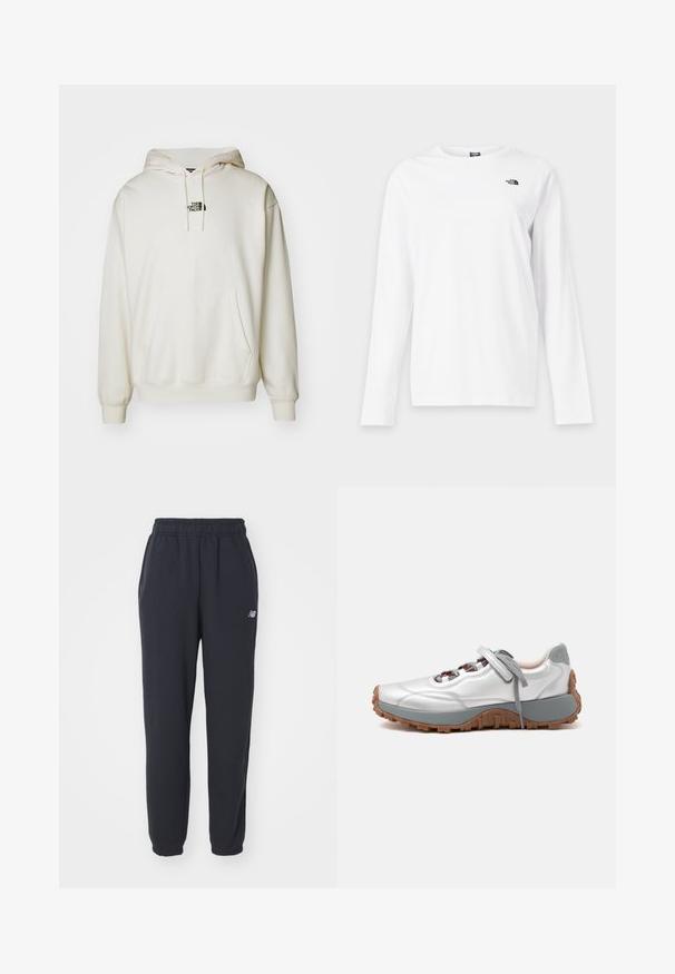 Creme hoodie med frontlomme, justerbar snor i huen og lille sort logo på brystet. Blødt stof og ribbede manchetter.; Hvid langærmet T-shirt med rund hals og lille sort The North Face-logo på venstre bryst.; Sorte sweatpants med elastisk talje, to sidelommer og et lille hvidt logo på venstre hofte. Fremstillet af blødt stof med en glat overflade.; Hvid og grå sneaker med brun robust sål, grå snørebånd og en velcrolukning over snørebåndene, vist fra siden på hvid baggrund.