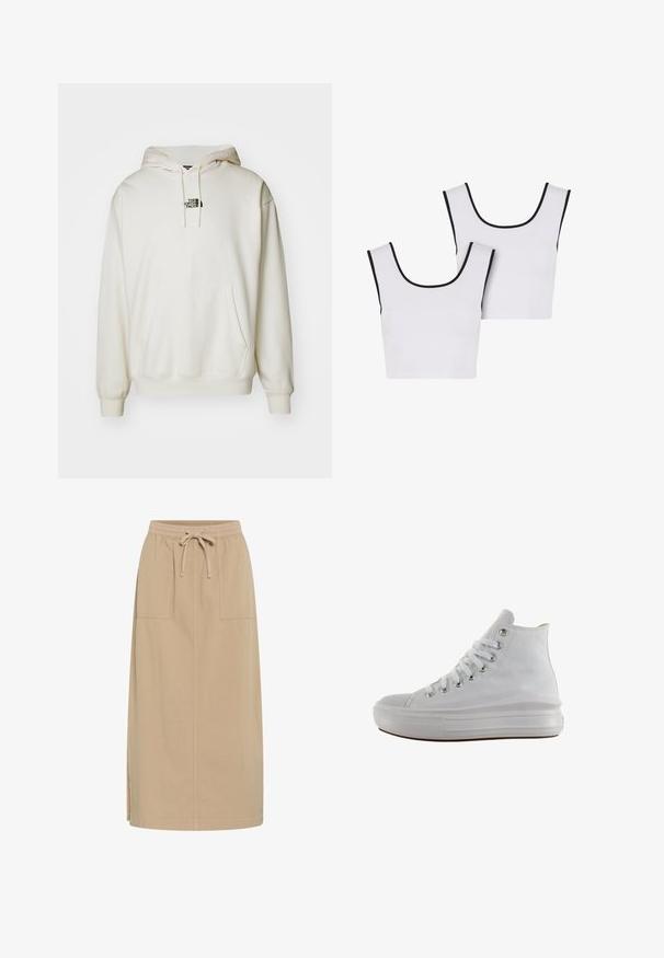 Creme hoodie med frontlomme, justerbar snor i huen og lille sort logo på brystet. Blødt stof og ribbede manchetter.; To hvide tanktoppe med firkantet halsudskæring og sorte kanter omkring kanten. Lavet af et glat, strækbart stof.; Beige bomuldsnederdel med snoreliv, to sidelommer, lige pasform og sideslidser for nem bevægelse. Glat tekstur.; Hvid højt canvas sneaksko med hvide snørebånd, metaløjer, tyk gummisål og tekstureret tåhætte, vendt mod venstre på en hvid baggrund.