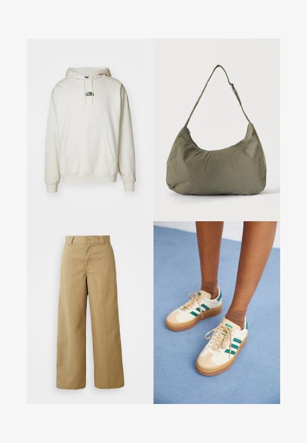 Creme hoodie med frontlomme, justerbar snor i huen og lille sort logo på brystet. Blødt stof og ribbede manchetter.; Beige bredde bukser lavet af en blanding af bomuldsstof, med knaplukning, bæltestropper og forlommer.; Beige sneakers med mørkegrønne striber, gummisål, overdel i ruskind og tekstil samt neutralt hardware, parret med brune sokker på en lyseblå overflade.; Skuldertaske i blødt olivengrønt stof med lynlås og justerbar rem på ensfarvet, lyst baggrund.