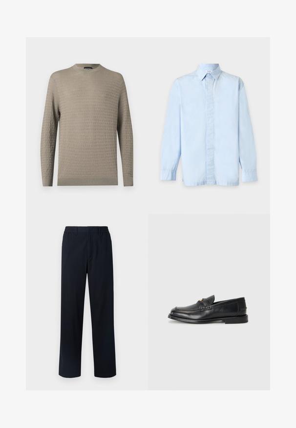 Pull beige clair avec un motif texturé, col rond, manches longues et poignets et ourlet côtelés. Fabriqué en matériau doux.; Chemise bleu clair à manches longues avec col classique et boutons cachés sur le devant, sur un fond uni.; Pantalons navy avec une taille élastique, coupe droite, tissu texturé et sans poches ni embellissements visibles.; Des mocassins en cuir noir présentent un bout arrondi, des détails cousus et un petit accent doré à l'avant. La semelle est plate et discrète.