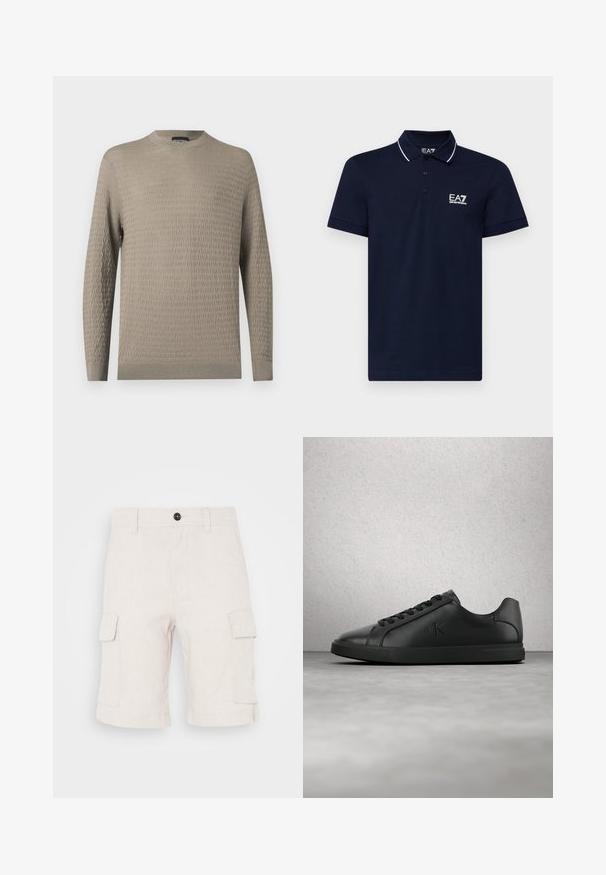 Pull beige clair avec un motif texturé, col rond, manches longues et poignets et ourlet côtelés. Fabriqué en matériau doux.; Polo shirt bleu marine en coton avec un col classique, une patte de boutonnage à trois boutons et des lignes d'accentuation blanches autour du col et des manches. Logo EA7 en blanc.; Shorts cargo beiges en tissu léger, dotés de deux poches latérales et d'un ourlet replié. Fermeture à bouton à la taille.; Baskets en cuir noir avec lacets et logo "ck" en relief flottant au-dessus d'un sol gris près d'un mur en verre brique.