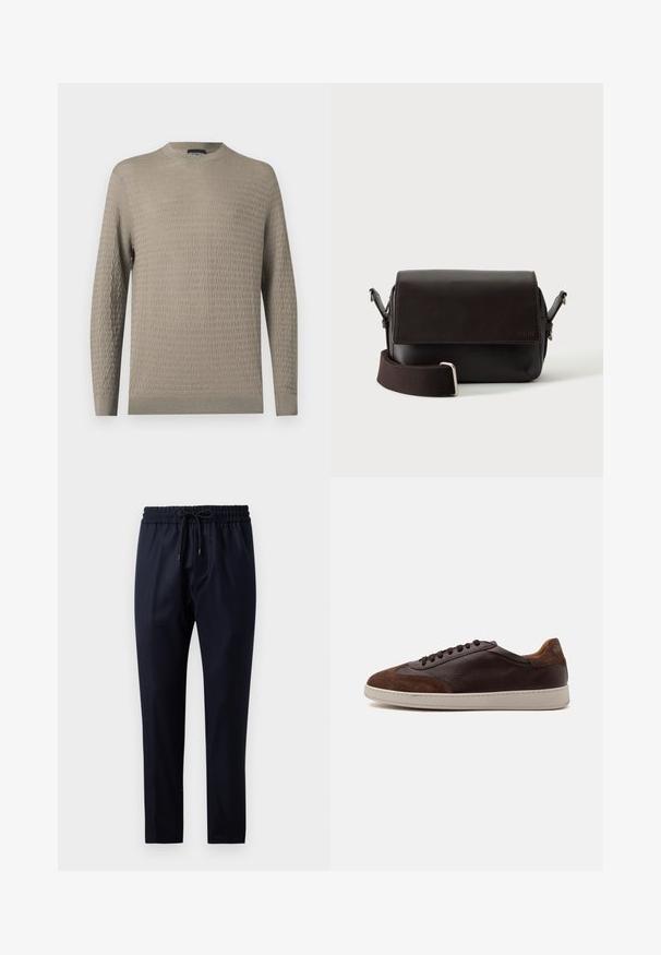 Pull beige clair avec un motif texturé, col rond, manches longues et poignets et ourlet côtelés. Fabriqué en matériau doux.; Pantalon bleu marine en tissu doux, avec une taille élastique et un cordon de serrage, coupe droite et sans motifs ni accents visibles.; Basket basse en cuir et daim marron avec des lacets marron foncé et une semelle en caoutchouc blanche vue du côté extérieur.; Sac bandoulière en cuir marron foncé avec fermeture à rabat et sangle en tissu réglable sur fond blanc.