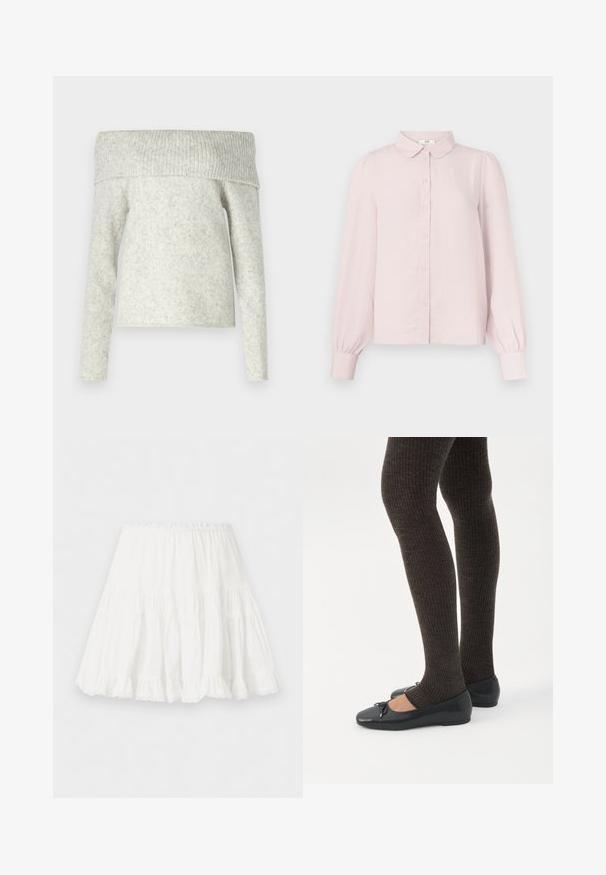 Gina Tricot OFF SHOULDER SWEATER - Pullover - grey; Chemise rose pâle à manches longues avec col, boutonnage frontal et manches froncées, confectionnée dans un tissu doux à la texture lisse.; Jupe blanche à volants avec taille élastique et ourlet volanté, fabriquée en tissu léger.; Jambes portant des leggings côtelés foncés associés à des ballerines noires avec de petits détails en nœud sur fond blanc.
