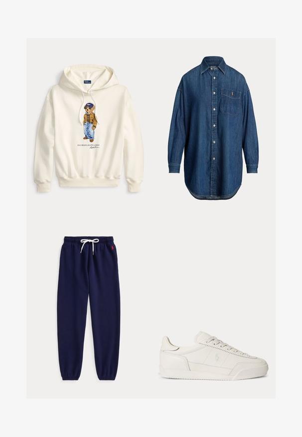 Witte hoodie met een Polo Bear-afbeelding die een bruine jas, blauwe spijkerbroek en een blauwe pet draagt, met tekst "Polo Bear by Ralph Lauren" eronder.; Blauw denim overhemd met lange mouwen, knopenrij, borstzak met klein geborduurd logo en klassieke kraag.; Marineblauwe joggerbroek met witte aantrekkoord in de taille en elastische boorden, met een klein rood logo geborduurd vlak bij de linker zak.; Witte lage leren sneaker met veters, gestructureerde zool en subtiel logo aan de zijkant, zijaanzicht tegen een effen achtergrond.