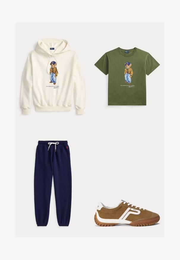 Biela mikina s kapucňou s grafikou medveďa Polo, ktorý má na sebe hnedú bundu, modré rifle a modrú čiapku, s textom "Polo Bear by Ralph Lauren" pod tým.; Olivovo zelené tričko s grafikou medveďa, ktorý má na sebe slnečné okuliare, čiapku, hnedú bundu a modré džínsy, s nápisom Polo Bear od Ralph Lauren.; Námornícky modré tepláky s bielym šnúrkou v páse a elastickými lemami, s malým červeným logom vyšívaným pri ľavej vrecku.; Hnedý semišový teniska s bielymi akcentmi, bielymi šnúrkami a značkou "Polo" na boku a päte, zobrazujúca vonkajší profil.