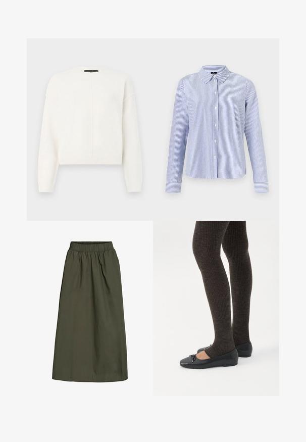 Suéter blanco cortado hecho de una tela suave con cuello redondo, que presenta costuras en los hombros caídos y un detalle de costura vertical en la parte delantera.; Camisa de manga larga con botones, con rayas verticales blancas y azul claro y cuello puntiagudo, mostrada sobre un fondo liso.; Falda de color verde oliva, hasta los tobillos, con cinturilla elástica con fruncido y una textura de tela suave y ligeramente arrugada.; Piernas con leggings oscuros acanalados combinados con bailarinas negras que presentan pequeños detalles de lazo sobre un fondo blanco.