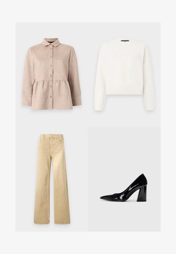 Suéter blanco cortado hecho de una tela suave con cuello redondo, que presenta costuras en los hombros caídos y un detalle de costura vertical en la parte delantera.; Camisa de ante beige con cuello tipo camisa, botones en la parte frontal y cintura peplum. Presenta mangas largas y una textura suave con pequeños botones.; Pantalones beige de pana de pierna ancha con una textura suave, que cuentan con cierre de botón y diseño clásico de cinco bolsillos.; Zapato de tacón alto de charol negro con puntera afilada y tacón ancho, que presenta una textura suave y brillante y un diseño elegante.
