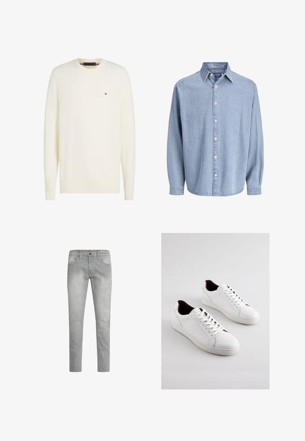 Kremfarvet langærmet crew neck trøje med lille Tommy Hilfiger flag logo på venstre bryst og ribstrikkede manchetter og kant.; Lysblå denim skjorte med lange ærmer og knapper, med krave og hvide knapper, præsenteret mod en helt hvid baggrund.; Lys grå jeans med lige ben, subtilt slid, forlommer og en klassisk knaplukning i taljen.; Hvide lædersneakers med lav profil, perforerede sider, flade snørebånd og en kontrasterende brun indvendig foring. Gummisål med tekstureret mønster.