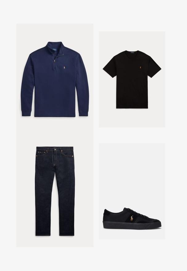 Marineblå langærmet pullover med kvart lynlås og lille broderet logo på venstre bryst.; Sort t-shirt med korte ærmer og rund hals med lille flerfarvet Polo Ralph Lauren-logo på venstre bryst.; Mørkeblå denimjeans med fem lommer, knap- og lynlås-lukning og synlige gyldne syninger, vist fladt på en lys baggrund.; Sorte sneakers med overdel i stof og ruskind, rund tå, flad gummisål og broderet logo på siden. Snørebåndsdesign med seks snørehuller.