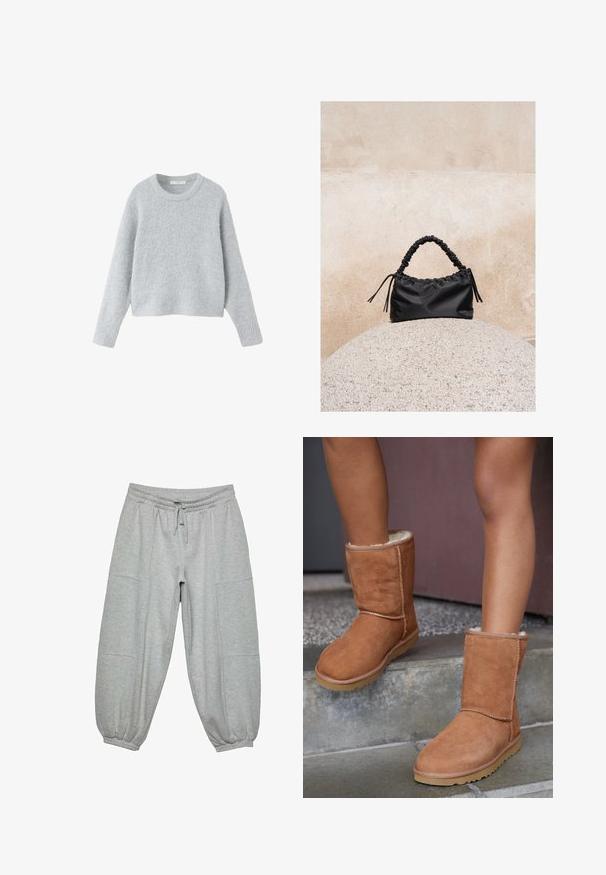 Pull en maille gris clair duveteux avec manches longues et col rond, posé à plat sur un fond blanc.; Pantalons de jogging gris clair en tissu doux, dotés d'une taille élastique, d'un cordon de serrage et de poignets élastiques, avec des poches latérales.; Bottines en suede marron, à bout rond, avec une doublure douce et une semelle en caoutchouc, présentant des détails de couture visibles le long des coutures.; Sac à main noir froncé avec une poignée froncée, posé sur une sphère en pierre texturée devant un mur en béton beige.