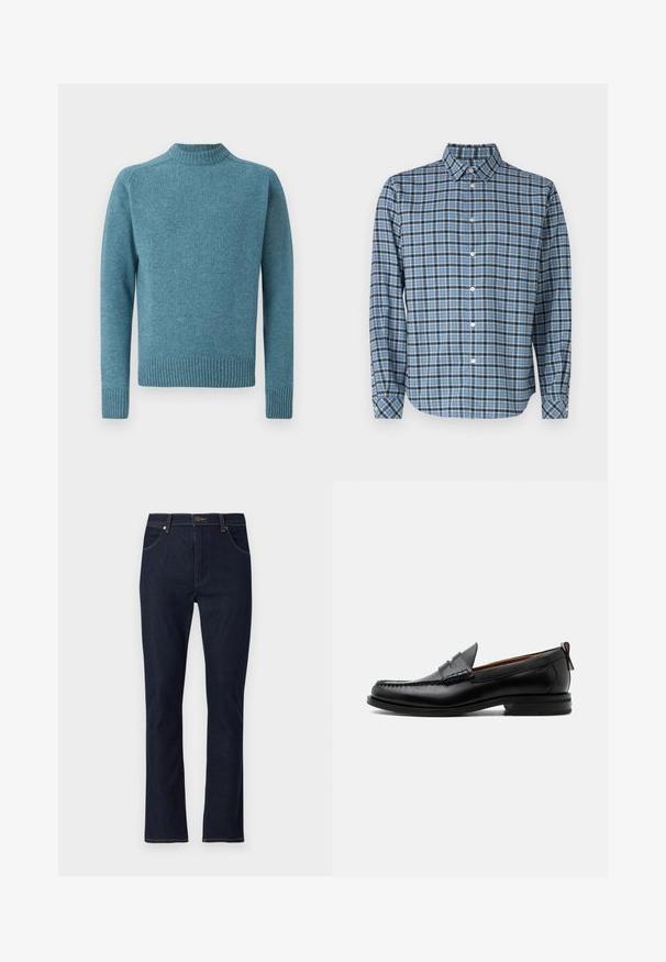 Barbour GRANGETOWN NECK SWEATER - Strickpullover - blue stone; Hemd aus gewobenem Baumwollstoff, blau-schwarz kariert, mit langen Ärmeln, Kragen, weißen Knöpfen und verstellbaren Manschetten.; Dunkelblaue Jeans mit geradem Bein, Vordertaschen, Gürtelschlaufen und Knopfverschluss.; Schwarzer Leder-Herrenschuh mit Mokassinnaht, Penny-Riemen, strukturiertem Kragen und niedrigem gestapeltem Absatz auf weißem Hintergrund.