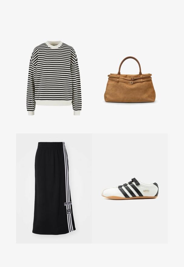 Urban Classics STRIPED CREWNECK - Sweatshirt - black whitesand; Sort atletisk nederdel med elastisk talje, prydet med tre hvide striber langs den ene side og et Adidas-logo. Glat stoftekstur.; Hvid Adidas Tokyo sneaker med sorte striber, sorte velcro-stropper og gummisål, vist fra siden på en hvid baggrund.; Brun ruskindshåndtaske med glat tekstur, to håndtag og to accenteremme med metalspænder på fronten. Rektangulær form.