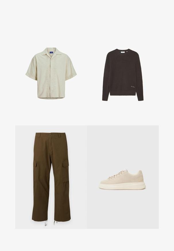 Mørkebrunt strikket sweater med rund hals, tekstureret mønster, ribbede manchetter og kant, præget af små hvide broderede bogstaver i bunden.; Kortærmet skjorte i beige linned med knaplukning foran, med øje-detail langs center og ærmekanter. Lige kant.; Brune cargobukser med lige ben, klaplågslommer på lårene, knap- og lynlåslukning, bæltestropper og justerbare snørre i kanten.; Beige ruskinds sneakers med en flad, kremfarvet sål, prydet med runde snørebånd og et logo på siden. Enkel og moderne design.