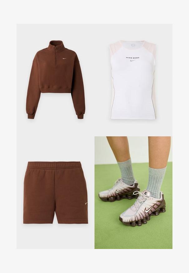 Hnedá krátka mikina s dlhými rukávmi, štvrťzipsový golier, rebrované manžety a lem, s malým bielym logom Nike na hrudi.; Biely atletický tielko bez rukávov s béžovými akcentmi na pleciach, textom „NIKE SHOX“ a čiernym logom Nike Swoosh na hrudi.; Hnedé športové šortky s elastickým pásom a malým bielym logom Nike swoosh na pravej nohe na bielom jednofarebnom pozadí.; Nike tenisky v svetlo ružovej a hnedej farbe, s textúrovaným zvrškom, vrstveným dizajnom a podrážkou s odpružením a viditeľnými vzduchovými jednotkami.
