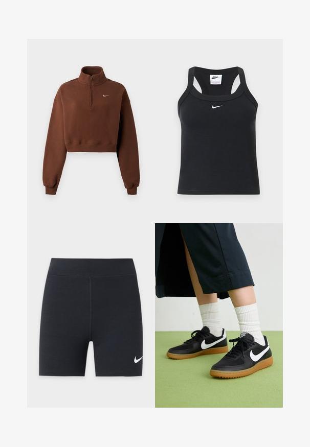 Hnedá krátka mikina s dlhými rukávmi, štvrťzipsový golier, rebrované manžety a lem, s malým bielym logom Nike na hrudi.; Čierny Nike rebrovaný crop top s racerback strihom a bielym logom Nike swoosh umiestneným pod výstrihom.; Čierne športové šortky s bielym logom Nike swoosh na dolnej ľavej nohe, s vysokým pásom a stredovým predným švom.; Čierne kožené a syntetické tenisky so bielym logom Nike, gumenou podrážkou, okrúhlou špičkou a čiernymi šnúrkami. Viditeľné biele pruhované ponožky.