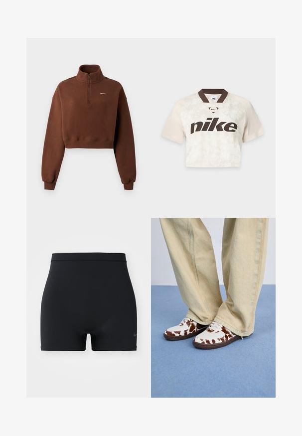 Braunes cropped Sweatshirt mit langen Ärmeln, Viertel-Reißverschluss am Kragen, gerippten Bündchen und Saum, mit kleinem weißen Nike-Logo auf der Brust.; Kurzärmeliges, kurzes Nike-Sportshirt in Beige mit dunkelbraunem Kragen und großem Nike-Logo auf der Vorderseite.; Schwarze Sportshorts aus glattem, elastischem Material, mit einem mittelhohen Bund und einem kleinen Nike-Logo auf der linken Seite.; Weiße und braun gemusterte Sneakers aus Mesh und Leder, mit braunen Gummisohlen. Kombiniert mit hellbeigen, weit geschnittenen Hosen.