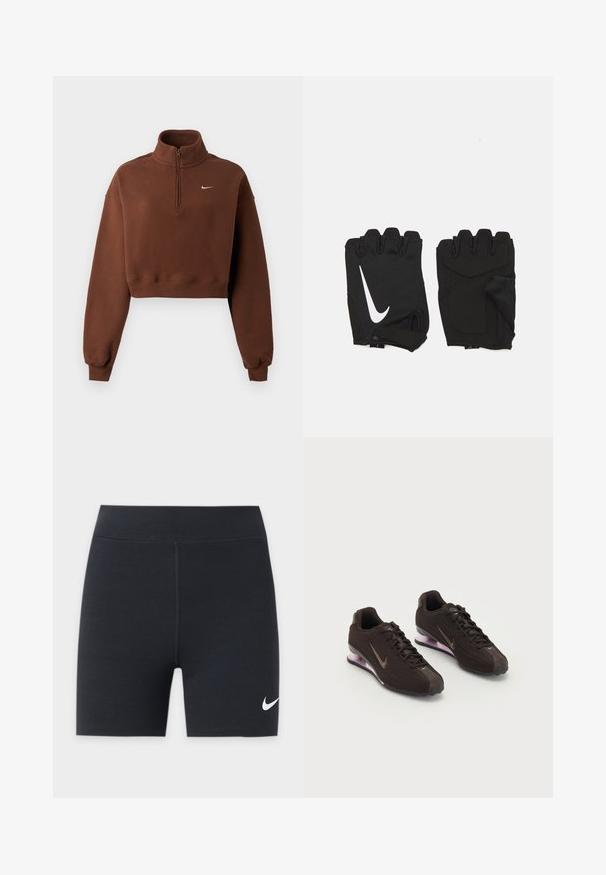 Brun cropped sweatshirt med lange ærmer, kvart lynlås ved kraven, ribstrikkede manchetter og kant, med lille hvidt Nike-logo på brystet.; Sorte atletikshorts med et hvidt Nike swoosh-logo på det nederste venstre ben, med høj talje og central front-søm.; Sorte atletiksko med en tekstureret overdel, brune detaljer og en lilla luftfyldt sål. Snørebåndsdesign med fremtrædende branding.; Sorte fingerløse træningshandsker lavet af åndbart stof, med et hvidt Nike-logo, polstrede håndflader og et åbent håndledsdesign for fleksibilitet.