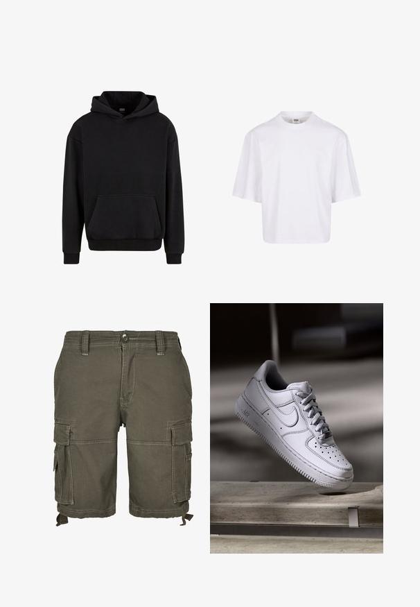 Urban Classics Kapuzenpullover - black; Weißes Kurzarm-T-Shirt mit Rundhalsausschnitt und lockerer Passform, gefertigt aus einem glatten Baumwollmischgewebe. Keine Muster oder Verzierungen.; Olivgrüne Cargo-Shorts aus strapazierfähigem Stoff, mit mehreren Seitentaschen, Gürtelschlaufen und genähten Details für zusätzliche Textur.; Weißer Nike Air Force 1 Sneaker aus Leder mit perforierter Zehenpartie, flachen Schnürsenkeln und strukturierter Gummisohle mit "AIR"-Branding an der Seite.