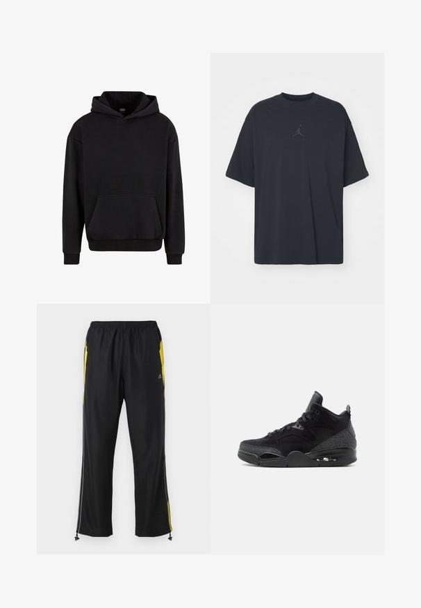 Urban Classics Hættetrøje - black; Sort bomuld T-shirt med løs pasform, rund hals, korte ærmer, med et diskret logo og teksten "AIR" over logoet i centrum.; Sorte træningsbukser med gule sideaccenter, elastisk talje og lynlåslommer på siden. Fremstillet af let og glat stof.; Sort høj top sneaker med snørelukning foran, mønstrede sidepaneler, synlig luftsål og polstret ankelkrave på hvid baggrund.