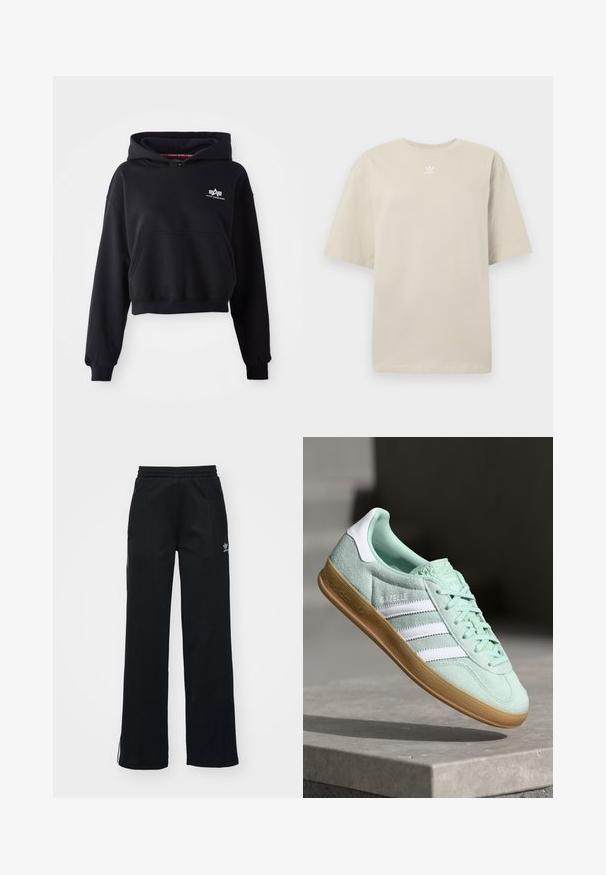 Sort cropped hoodie lavet af blødt stof, med en forlommer, snoretræk i hætten og et lille hvidt logo på brystet.; Beige T-shirt med korte ærmer lavet af bomuld, med rund hals og lille hvidt Adidas-logo trykt på brystet. Blød tekstur, løs pasform.; Sorte træningsbukser med en afslappet pasform, snoretræk i taljen, sidelommer med lynlås og diskret hvid branding på venstre ben.; Adidas Gazelle sneakers i mintgrønt ruskind med hvide accenter, snørebåndslukning og en sål i gummigummi. Har tre hvide striber.