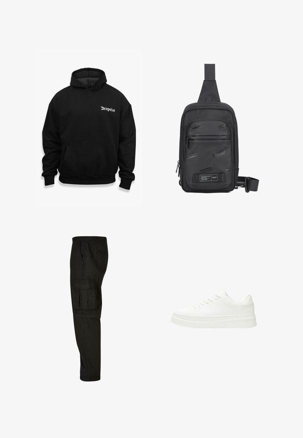 Zwarte hooded sweatshirt met een kangoeroe-pocket, met witte "Dropsize" tekst op de linkerborst, gemaakt van zachte stof met ribgebreide boorden.; Zwarte cargobroek met een relaxte pasvorm, elastische tailleband, zijzakken en een grote cargozak op de dij. Zacht, lichtgewicht stof.; Witte sneaker met een glad leren bovenwerk, platte veters en een dikke rubberen zool. Minimalistisch ontwerp met subtiele stiksel en naadloze accenten.; Zwarte schoudertas gemaakt van duurzaam materiaal, met een gladde voorpaneel met reliëflogo's, een verstelbare schouderband en ritssluitingen.