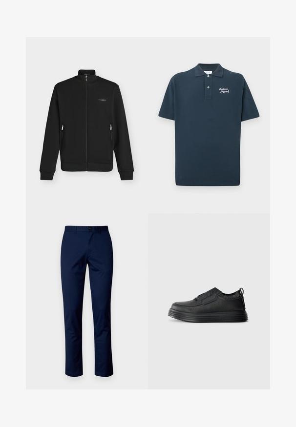 Veste noire zippée avec col montant, poches latérales zippées, poignets et ourlet côtelés, avec un petit logo de marque blanc sur la poitrine gauche.; Polo shirt marine en coton, avec une patte de boutonnage à deux boutons, des manches courtes, et "Maison Kitsuné" brodé en blanc sur la poitrine.; Pantalons en coton bleu marine avec une coupe droite, dotés d'une fermeture à bouton à l'avant, de passants de ceinture et de coutures propres. Texture lisse sans motifs.; Chaussure slip-on en cuir noir texturé avec semelle épaisse rainurée et tirette au talon, présentée en vue de côté sur fond blanc.