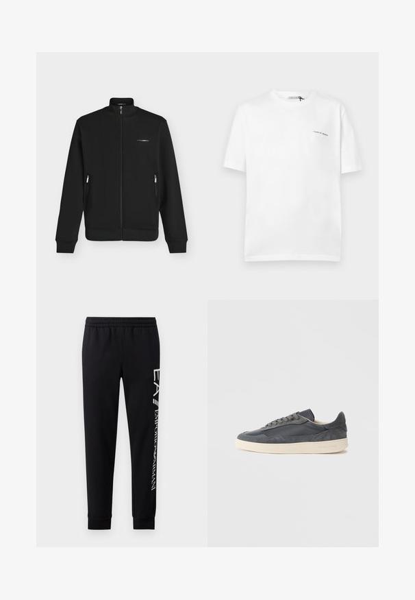 Sort lynlåstrøje med ståkrave, lynlåslommer i siderne, ribstrikkede manchetter og kant samt lille hvidt mærkelogo på venstre bryst.; Hvid T-shirt med korte ærmer og rund hals med lille "Tiger of Sweden" tekstlogo på venstre bryst.; Sorte sweatpants lavet af en bomuldsblanding, med elastisk talje, smalle ben, ribbede manchetter og hvidt logo print langs siden.; Mørkegrå sneakers lavet af læder og ruskind med lavt snit, med en cremefarvet gummisål og flade snørebånd.