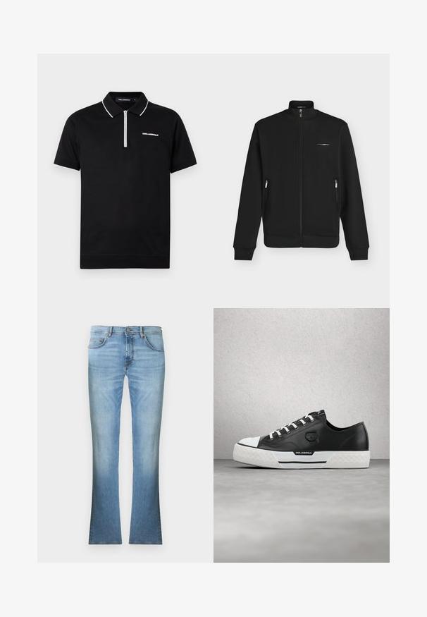 Chaqueta negra con cremallera, cuello alto, bolsillos laterales con cremallera, puños y bajo acanalados, y pequeño logo blanco de la marca en el pecho izquierdo.; Polo negro de manga corta con ribetes blancos en el cuello y las mangas, cierre frontal con media cremallera y logo "KARL LAGERFELD" en el pecho.; Jeans acampanados de mezclilla azul claro, con lavado desteñido, diseño de cinco bolsillos y cierre frontal de botón. Textura suave.; Zapatilla deportiva de cuero negro con detalles en blanco, suela de goma texturizada y logotipo. Presenta un cordón tradicional y una puntera redondeada con un diseño distintivo.
