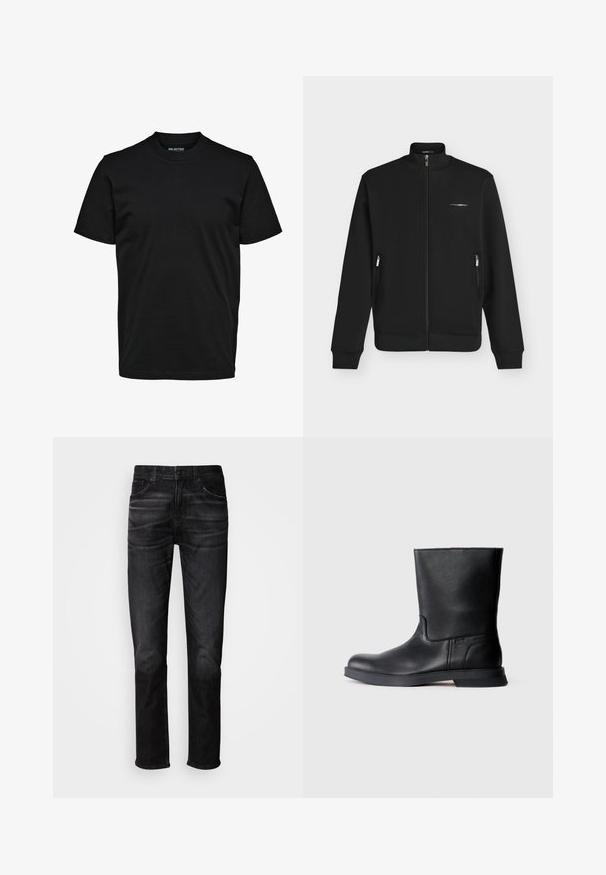 Schwarze Jacke mit durchgehendem Reißverschluss, Stehkragen, Reißverschlusstaschen an den Seiten, gerippten Bündchen und Saum und kleinem weißem Markenlogo auf der linken Brust.; Schwarzes, schlichtes T-Shirt mit kurzen Ärmeln, Rundhalsausschnitt und regulärer Passform ohne sichtbare Muster oder Logos.; Schwarze Jeans aus Denim mit geradem Schnitt, fünf Taschen, dezentem Used-Look und Knopfverschluss. Klassischer Stil, geeignet für legere Trageanlässe.; Schwarze Leder-Ankle-Boots mit strukturierter Oberfläche, runder Zehenform und flacher Gummisohle. Einfaches Design ohne sichtbare Beschläge oder Verzierung.